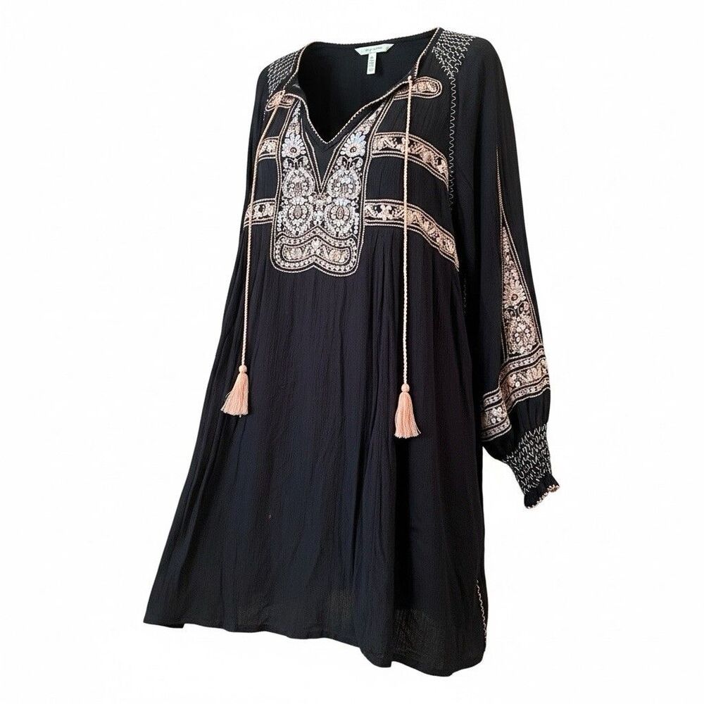 Free People Wind Willow Bohemian Peasant Mini Dress Size M Navy Embroidered